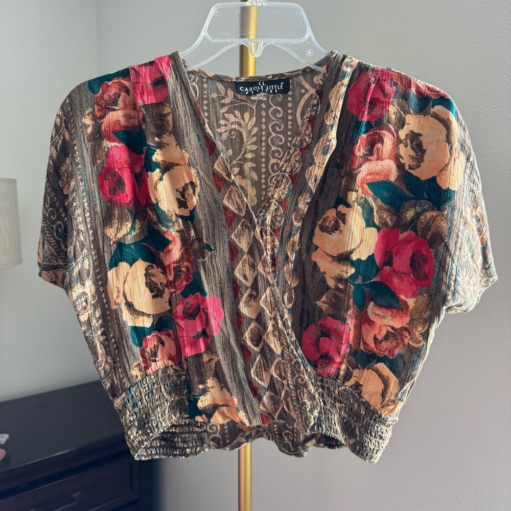 Vintage Carol Little Petites Crop Floral Surplice Top - Brown Floral - Size 2P